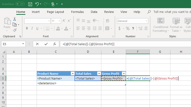 Excel template with with formula added to table