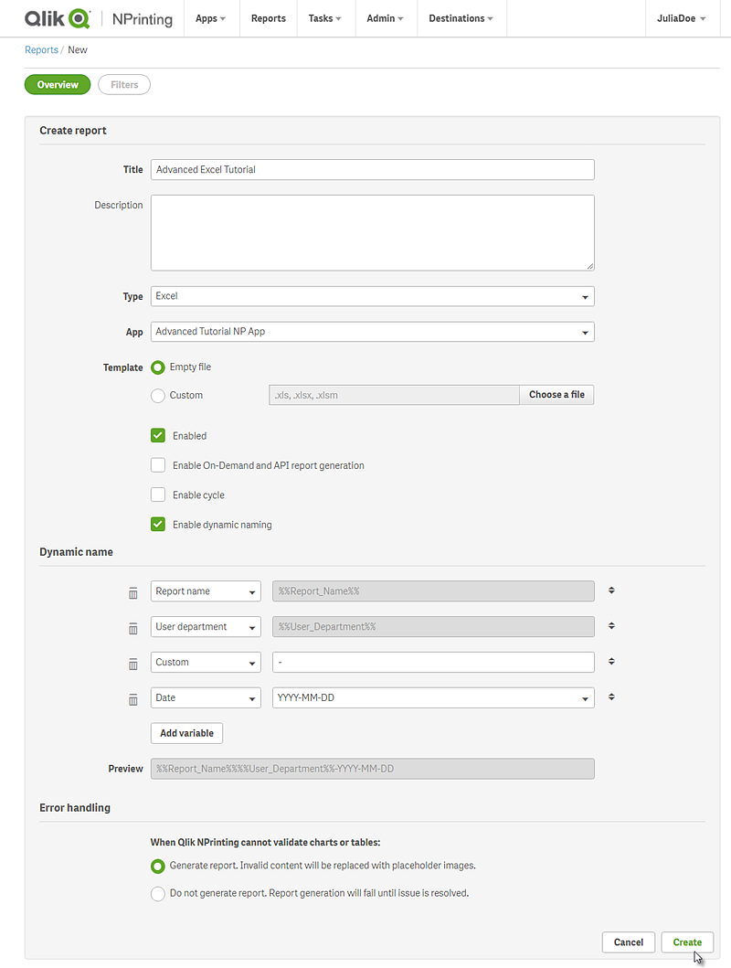 Creating a report template with dynamic naming.