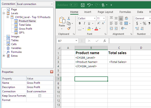 Excel-Vorlage mit hinzugefügten Ebenenfeldern.