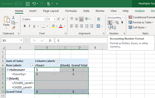 Excel report template creation with pivot table.