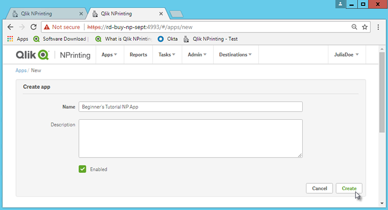 Create an app dialog screen. Name text box is filled in, description is blank.