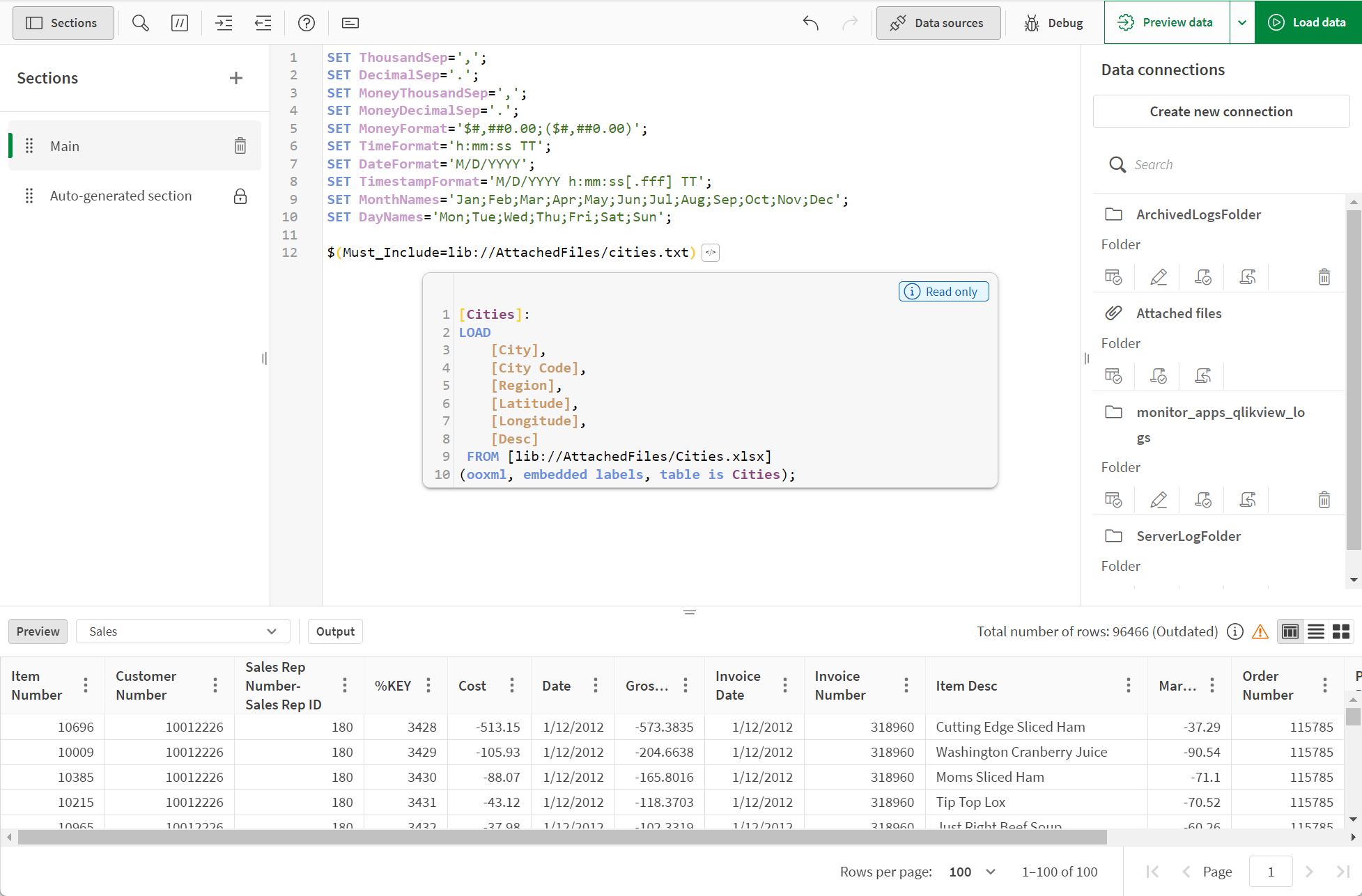 Click to view full size Preview of an inserted script in Data load editor. The preview shows the script.