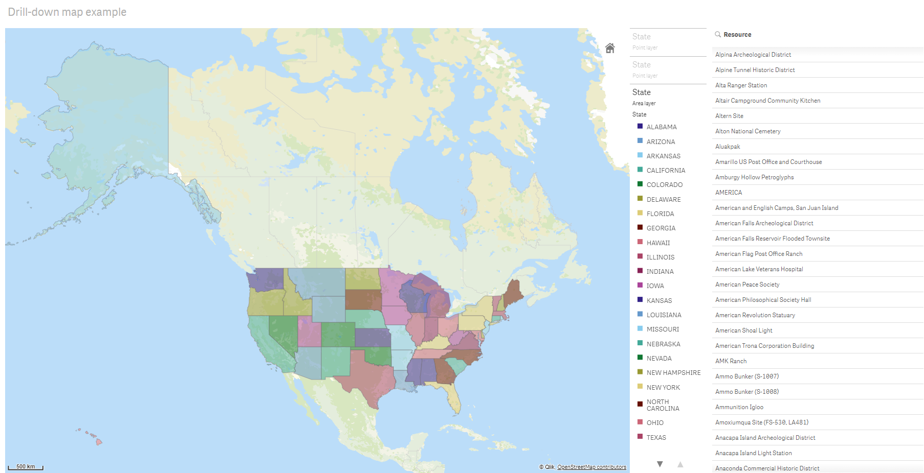 Karte mit Drilldown-Ebene und Anzeige von Countys in den USA