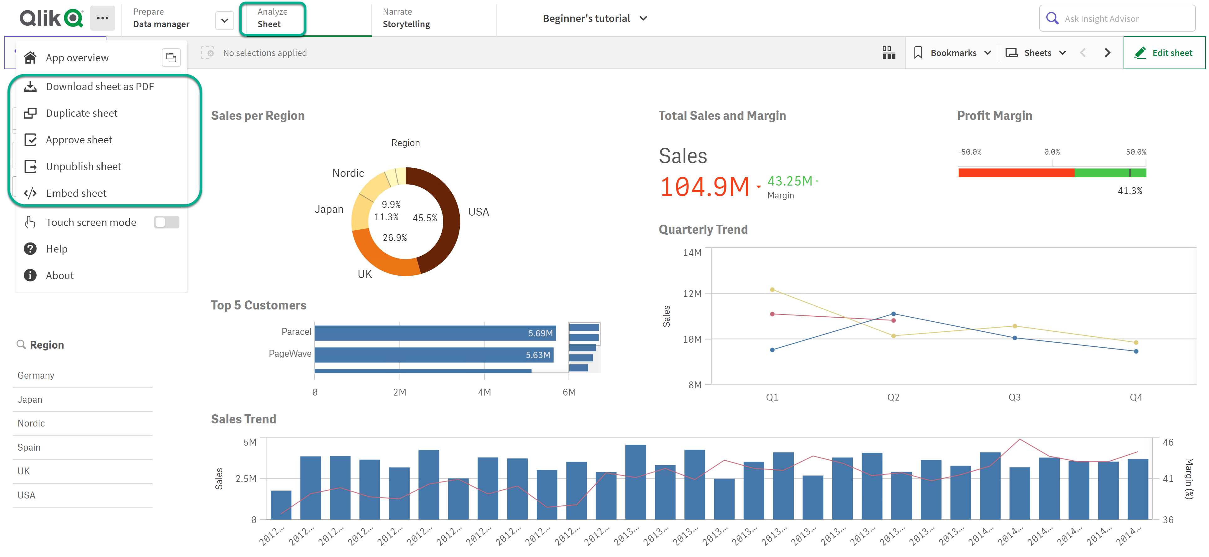 Globales Menü für ein Arbeitsblatt in Qlik Sense Enterprise.