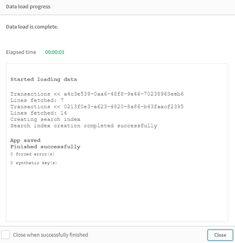 Das Protokoll „Datenladefortschritt“ zeigt, dass die Tabelle „Transactions“ zweimal geladen wurde.