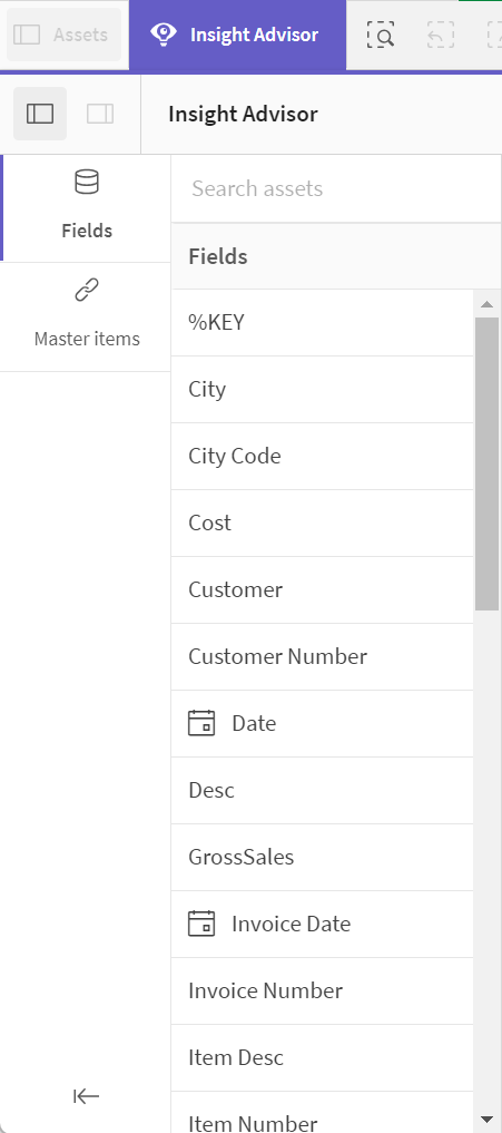 Insight Advisor assets panel.