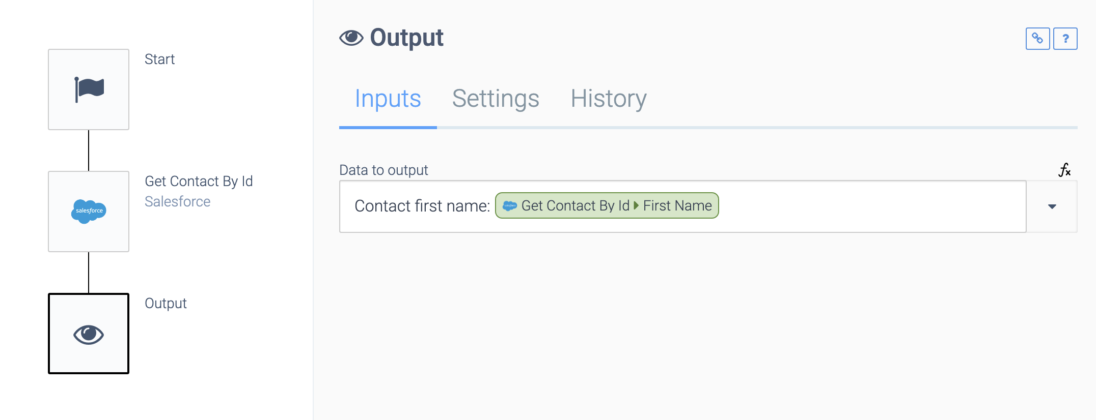 an automation consisting of a Start block, a Get Contact By Id block, and an Output block. The Output block is selected. The Data to output is set to: Contact first name: followed by data from the Get Contact By Id block.