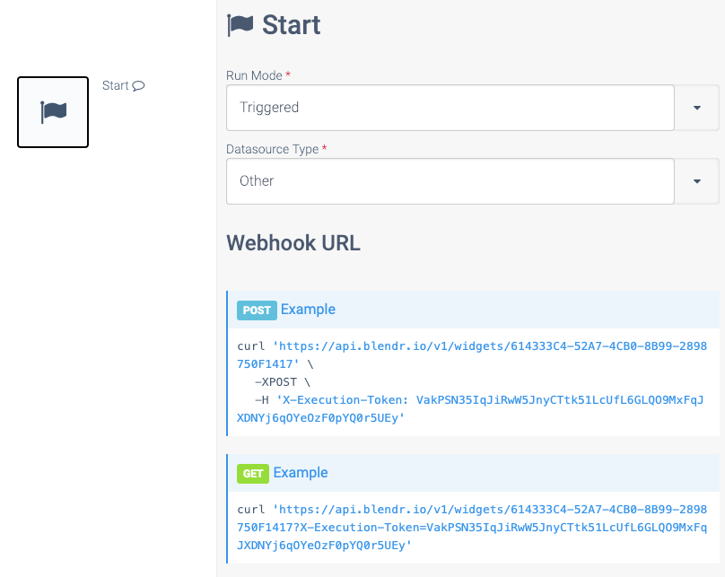 The Start block of an automation, with example GET and POST versions of the Webhook URL.