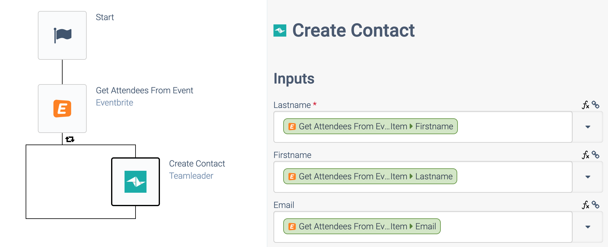 an automation consisting of a Start block and a Get Attendees From Event block containing a Create Contact block in its loop. The Create Contact block is selected. It fills in its Firstname, Lastname, and Email fields with data from the Get Attendees From Event block.