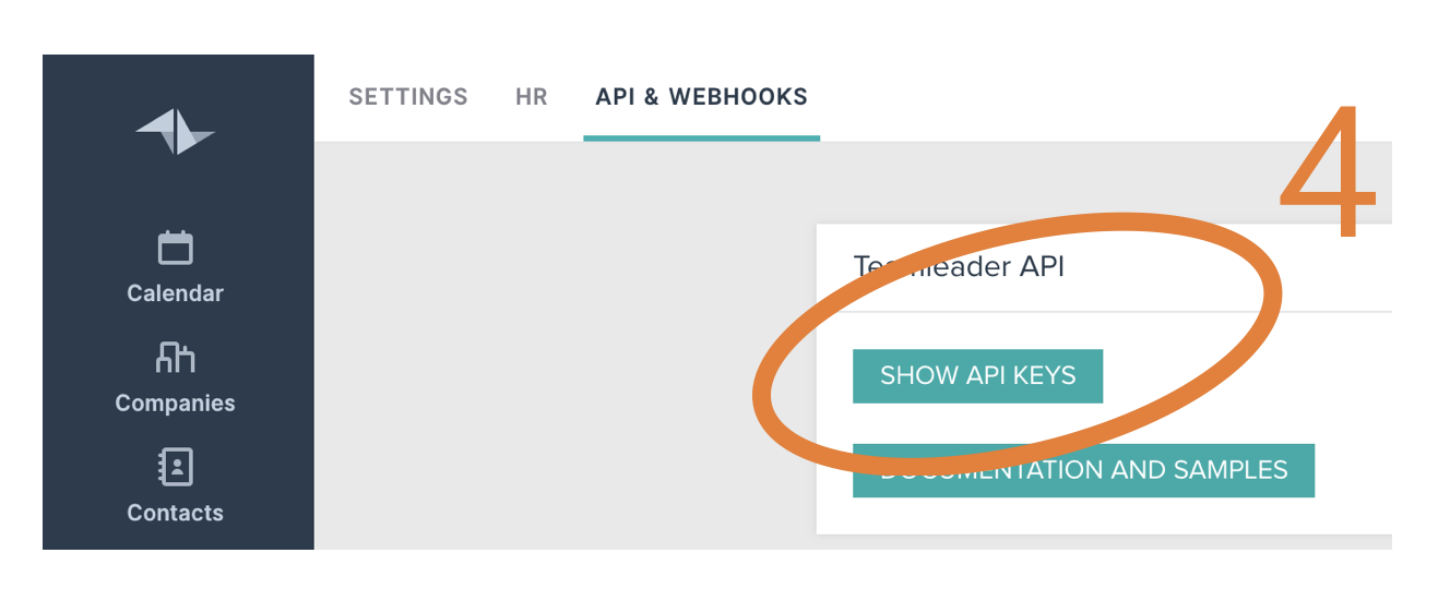 The Teamleader API page. The Show API Keys button is highlighted.