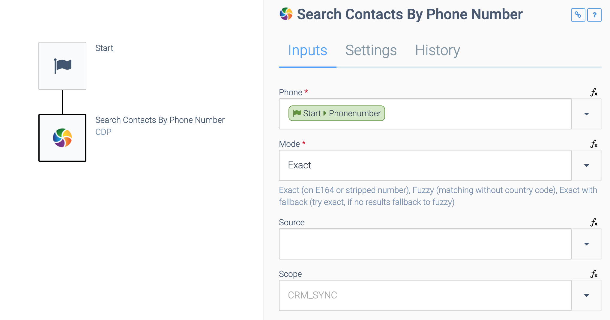an automation consisting of a Start block and a Search Contacts By Phone Number block. The Search Contacts By Phone Number block is selected. Phone is set to Start > Phonenumber.