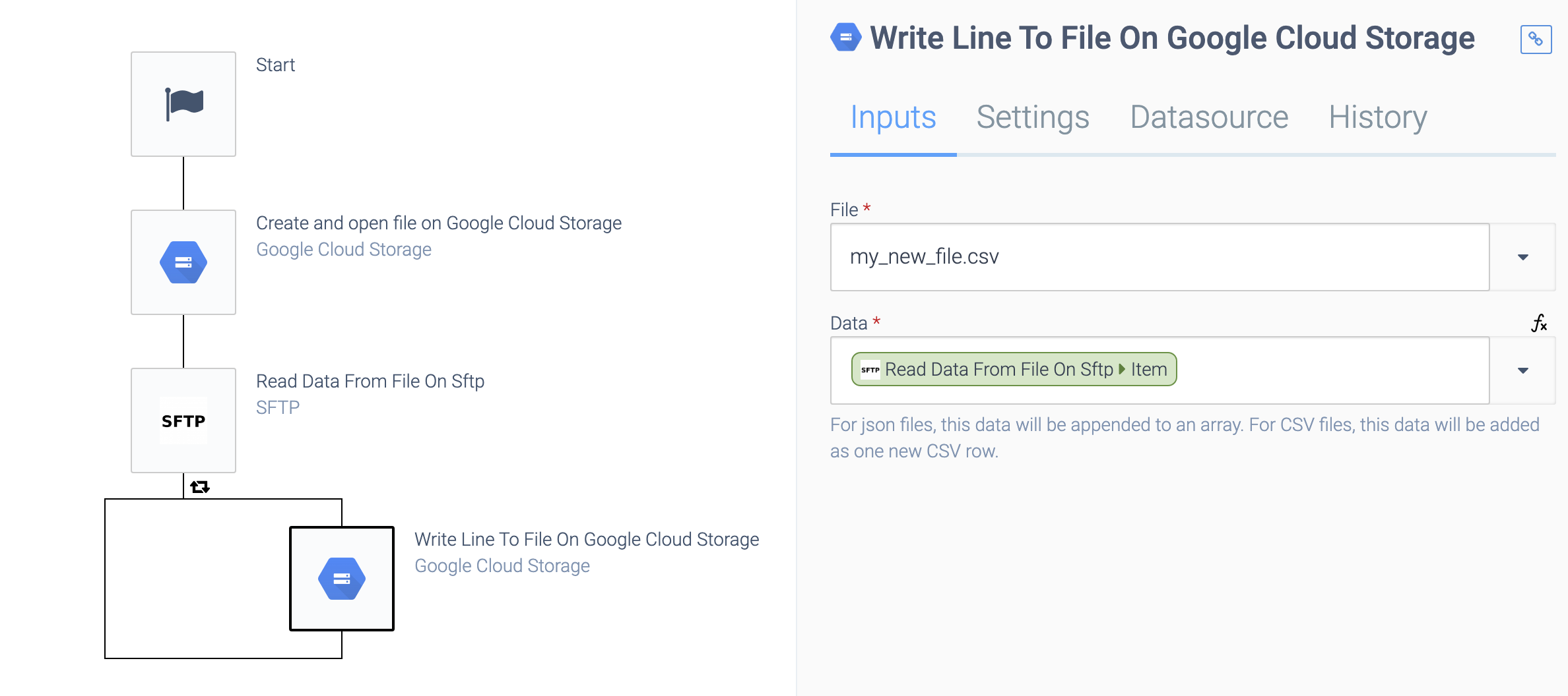 an automation consisting of a Start block, a Create and open file on Google Cloud Storage block, a Read Data From File On Sftp block, and a Write Line To File On Google Cloud Storage block in a loop. The final block accesses a new file and writes data from the Sftp file to it.