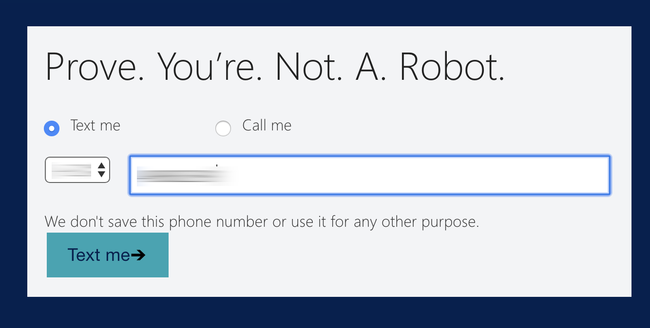 The Prove you're not a robot form. A phone number is entered.