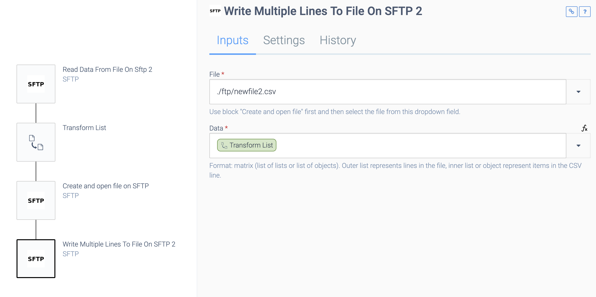 As above, but the Write Multiple Lines To File On SFTP block is selected. It accesses a newly created file and writes the output of the Transform List block.