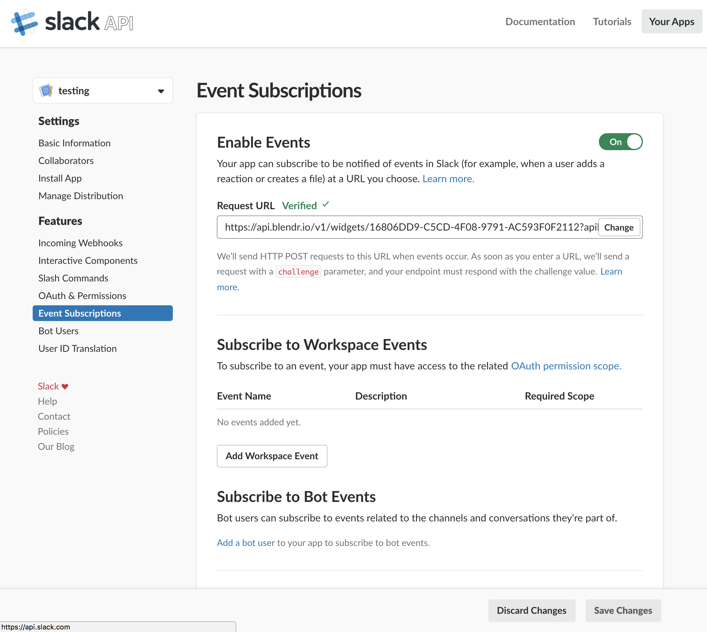 The Event Subscriptions tab of the Slack API. A URL is pasted into the Request URL field.