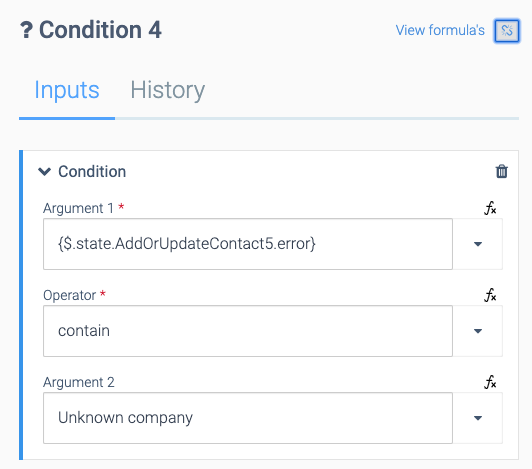 The Inputs tab of the Condition block. It triggers when the Add Or Update Contact block contains and Unknown company.
