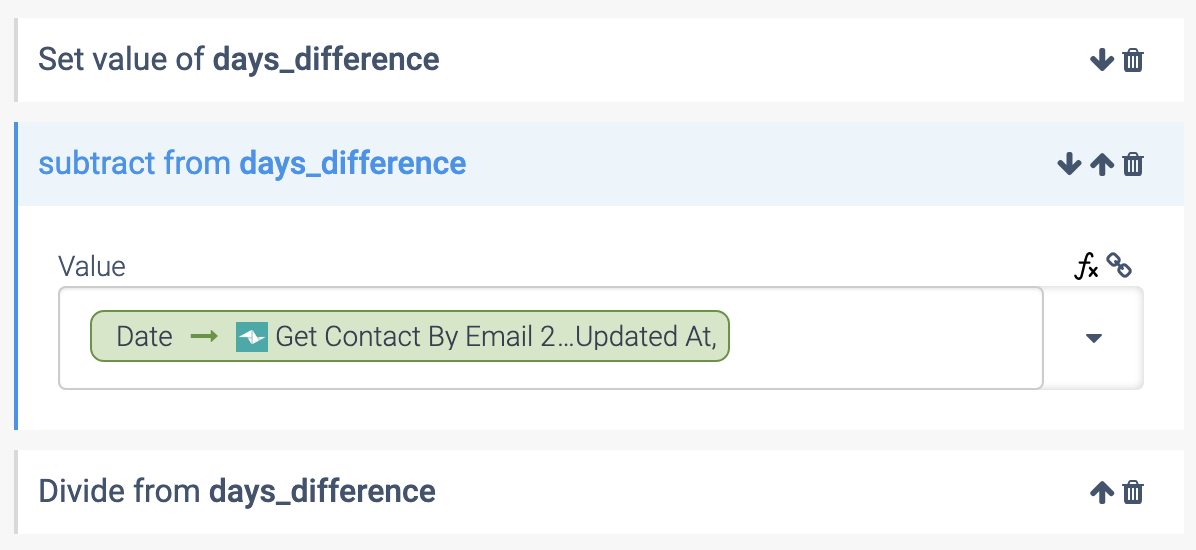 The subtract from days_difference dropdown. The value field is set to Date > Get Contact By Email 2...Updated At,.