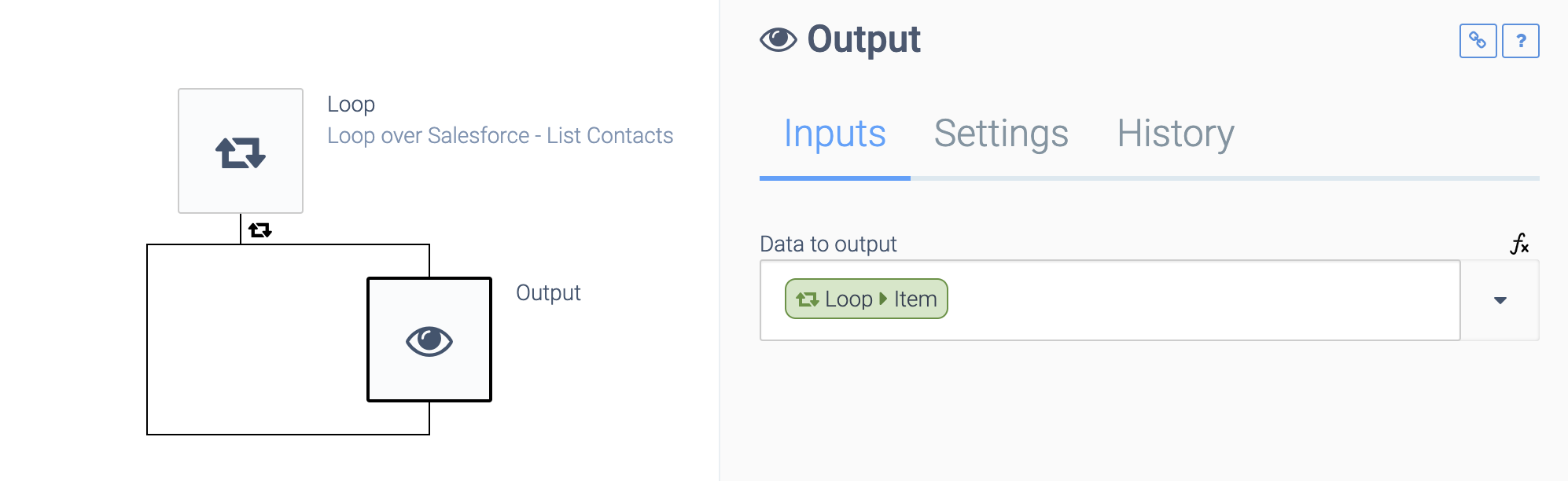 A Loop block containing an Output block. The Output block is selected. The Data to output is set to Loop > Item.