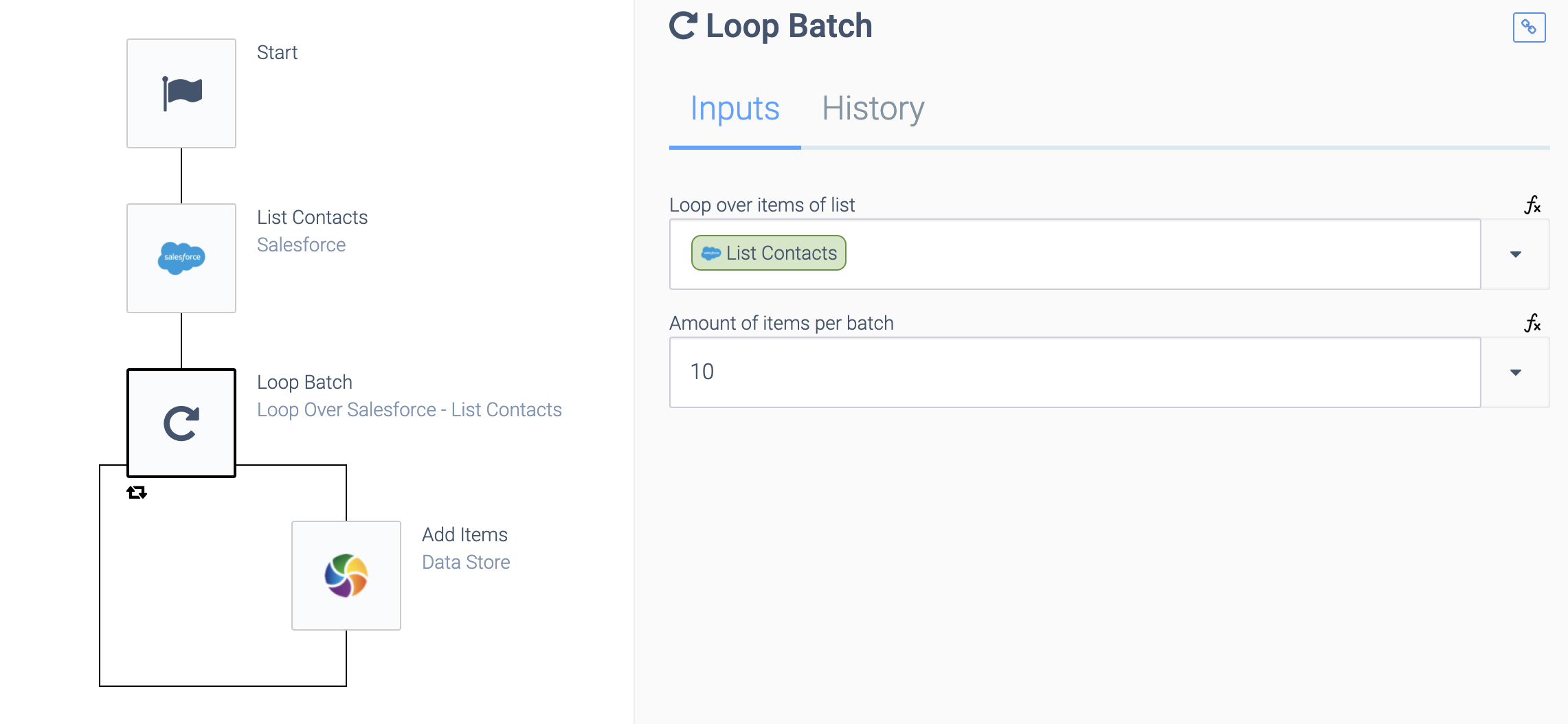an automation consisting of a Start block, a List Contacts block, and a Loop Batch block containing an Add Items block. The Loop Batch block is selected. Loop over items of list is set to List Contacts, and Amount of items per batch is set to 10.