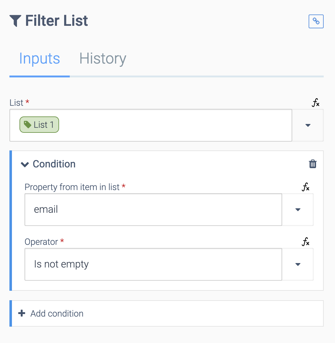 The Filter List block's Inputs tab. Contains a sample list, and the Conditions Property from item in list and Operator.