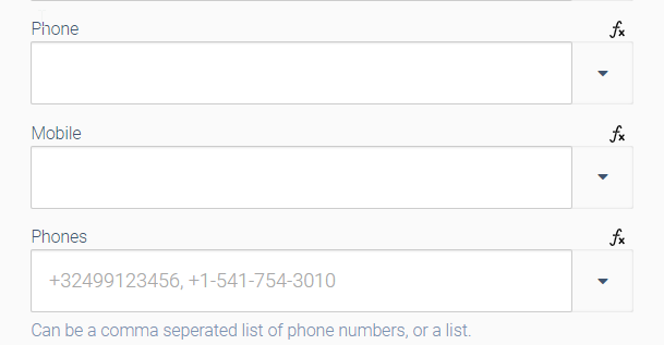 Fields for phone numbers, mobile numbers, and a comma-separated list of numbers.