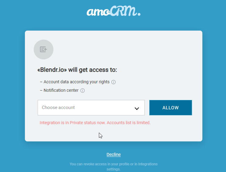 A popup in AmoCRM, displaying an access request from Qlik Application Automation for OEM.