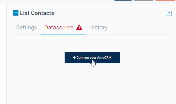 The Datasource tab in the List Contacts window. The Connect your AmoCRM button is selected.