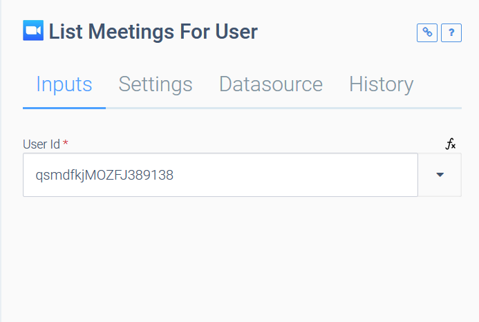The Inputs tab of the List Meetings For User block. A User Id has been entered.