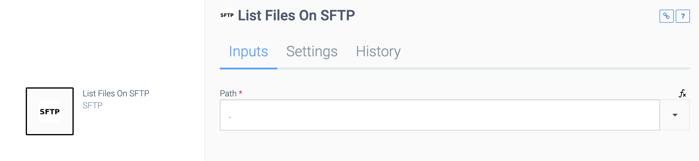 The Inputs tab of a List Files On SFTP block, containing a field for a path.