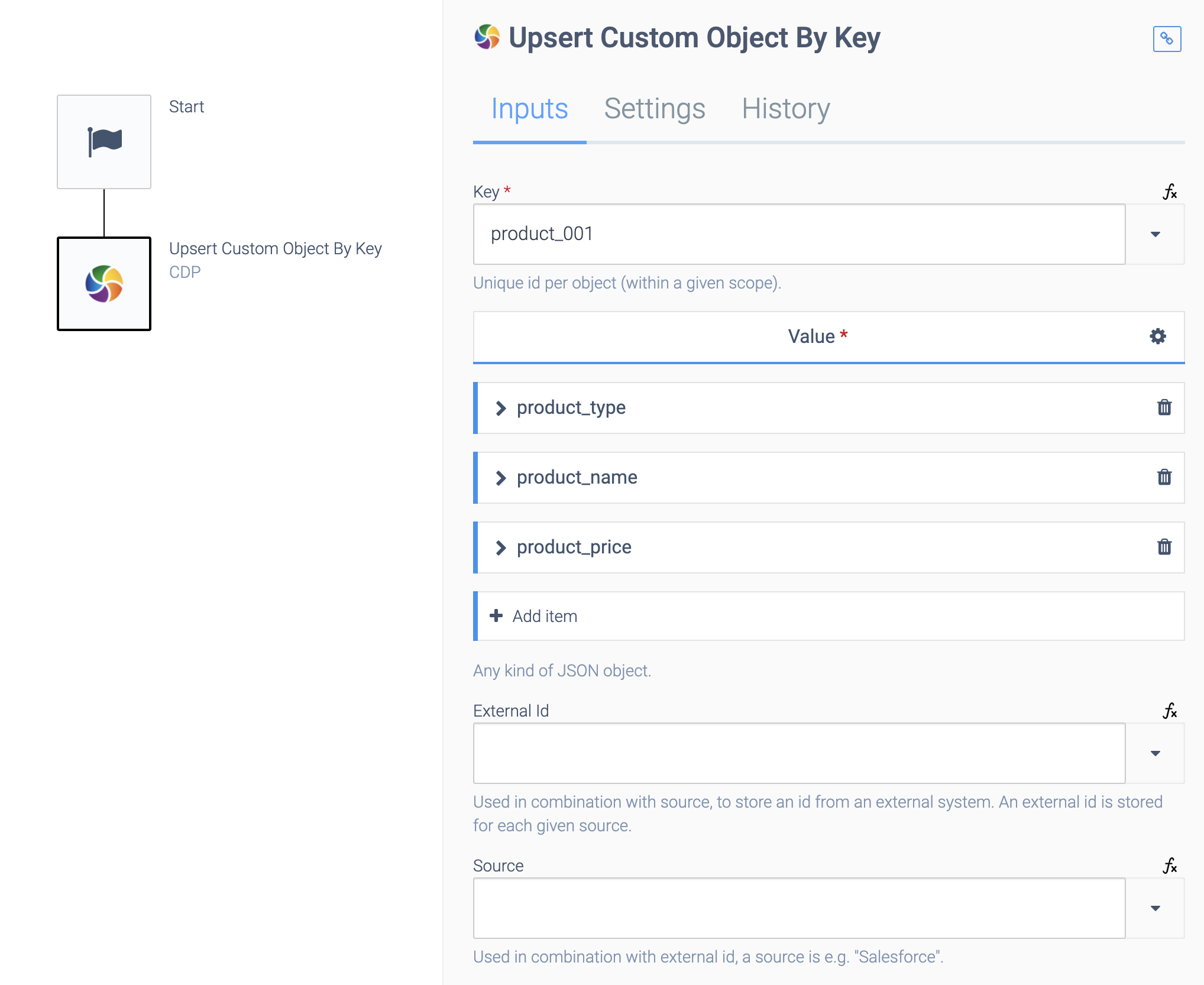 An Upsert Custom Object By Key block. Key is set to product_001.