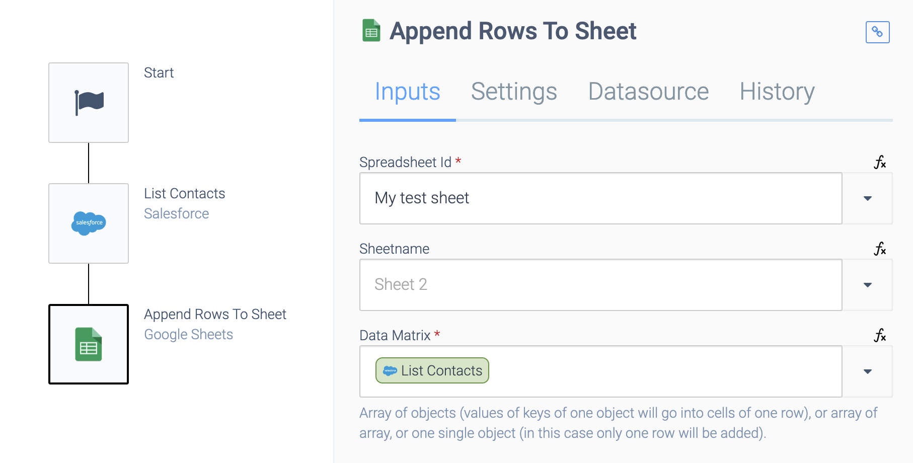 an automation consisting of a Start block, a List Contacts block, and an Append Rows To Sheet block. The List Contacts sheet is input in the Append Rows To Sheet Data Matrix field.