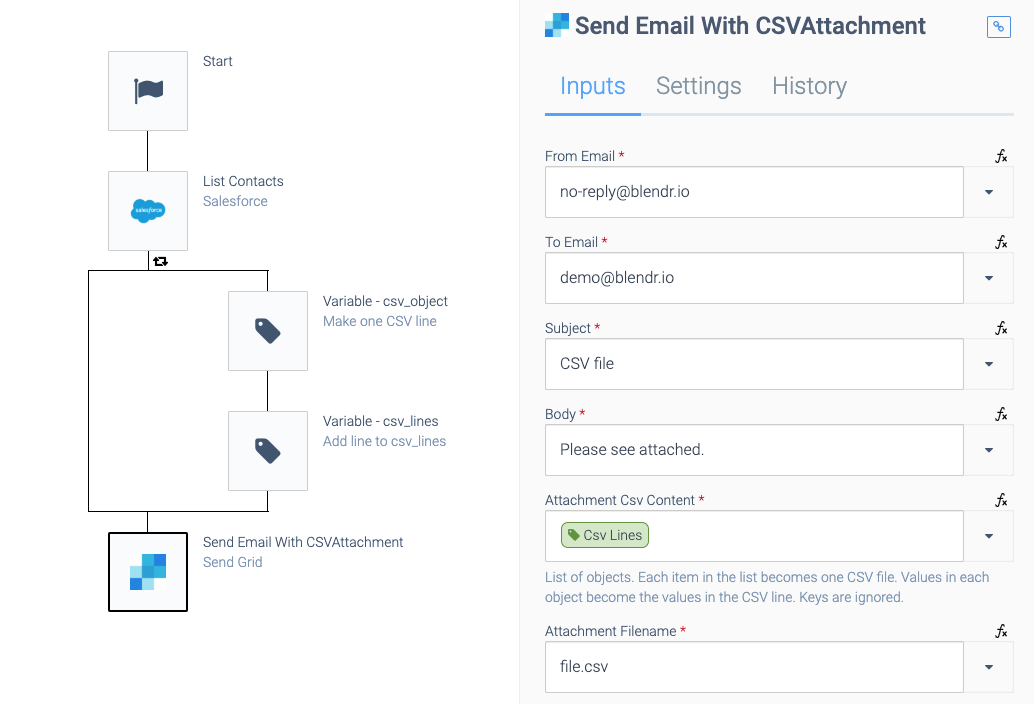 As above, but the Send Email With CSV Attachment block is selected. The attachment is the CSV list created by the previous variable.