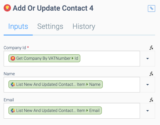 The Inputs tab of the Add Or Update Contact block. Company Id is set to Get Company By VATNumber > Id, Name is set to List New And Updated Contact... Item > Name, and Email is set to List New And Updated Contact... Item > Email.