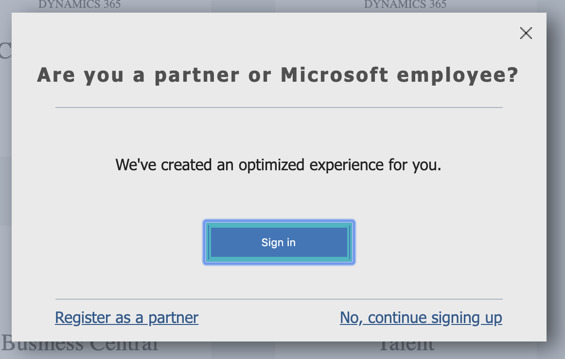 The Are you a partner or Microsoft employee? popup.