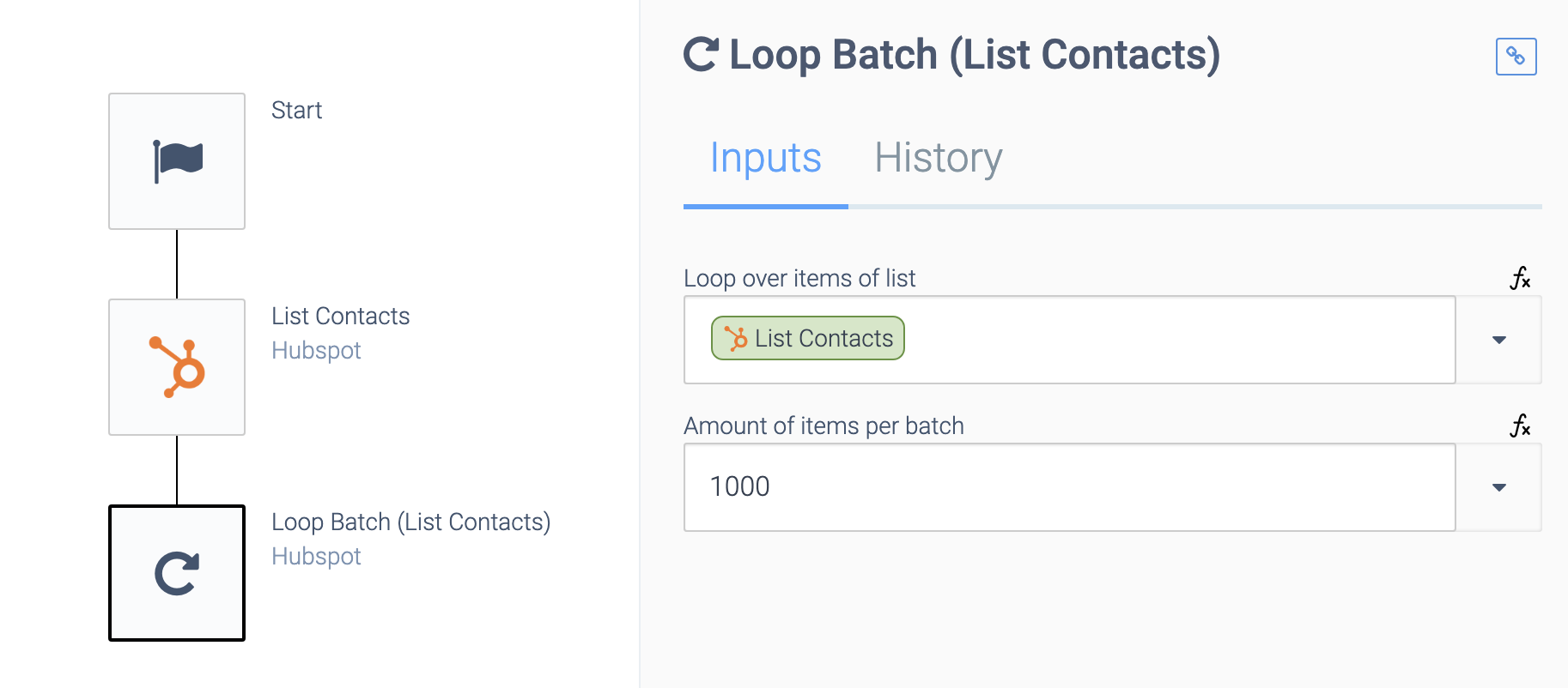 an automation consisting of a start block, a List Contacts block, and a Loop Batch block. The Loop Batch block is selected. Loop over items of list is set to List Contacts, and Amount of items per batch is set to 1000.