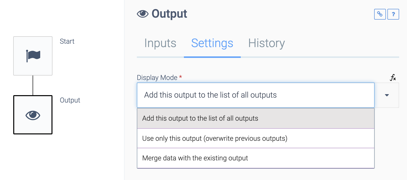 The Display Mode dropdown in the Output block's Settings tab.