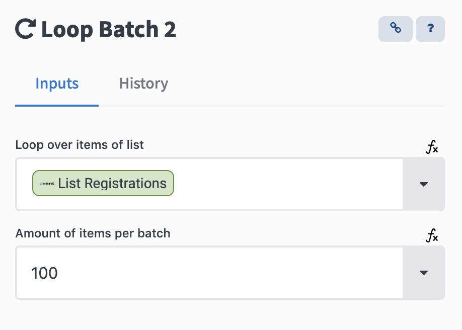 Settings of the Loop Batch block. Loop over items of list is set to data from the List Registrations block, and Amount of items per batch is set to 100.