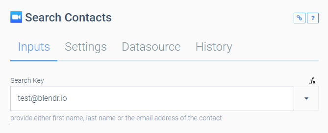 The Inputs tab of the Search Contacts block. A sample email address has been entered.