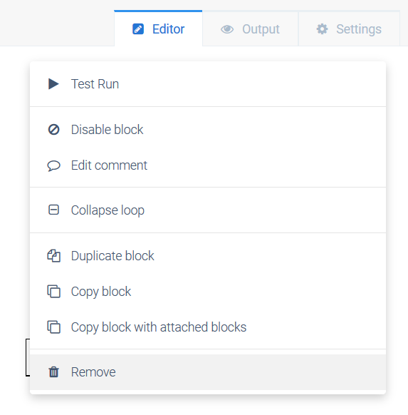 A block's menu. The Remove button at the bottom is selected.