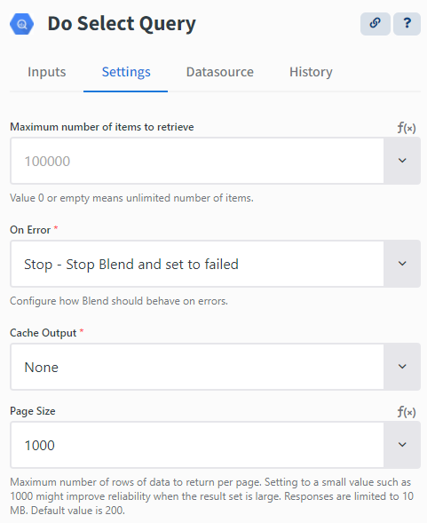 The Do Select Query Settings tab. Contains fields for Maximum number of items to retrieve, On Error instructions, Cache Output, and Page Size.