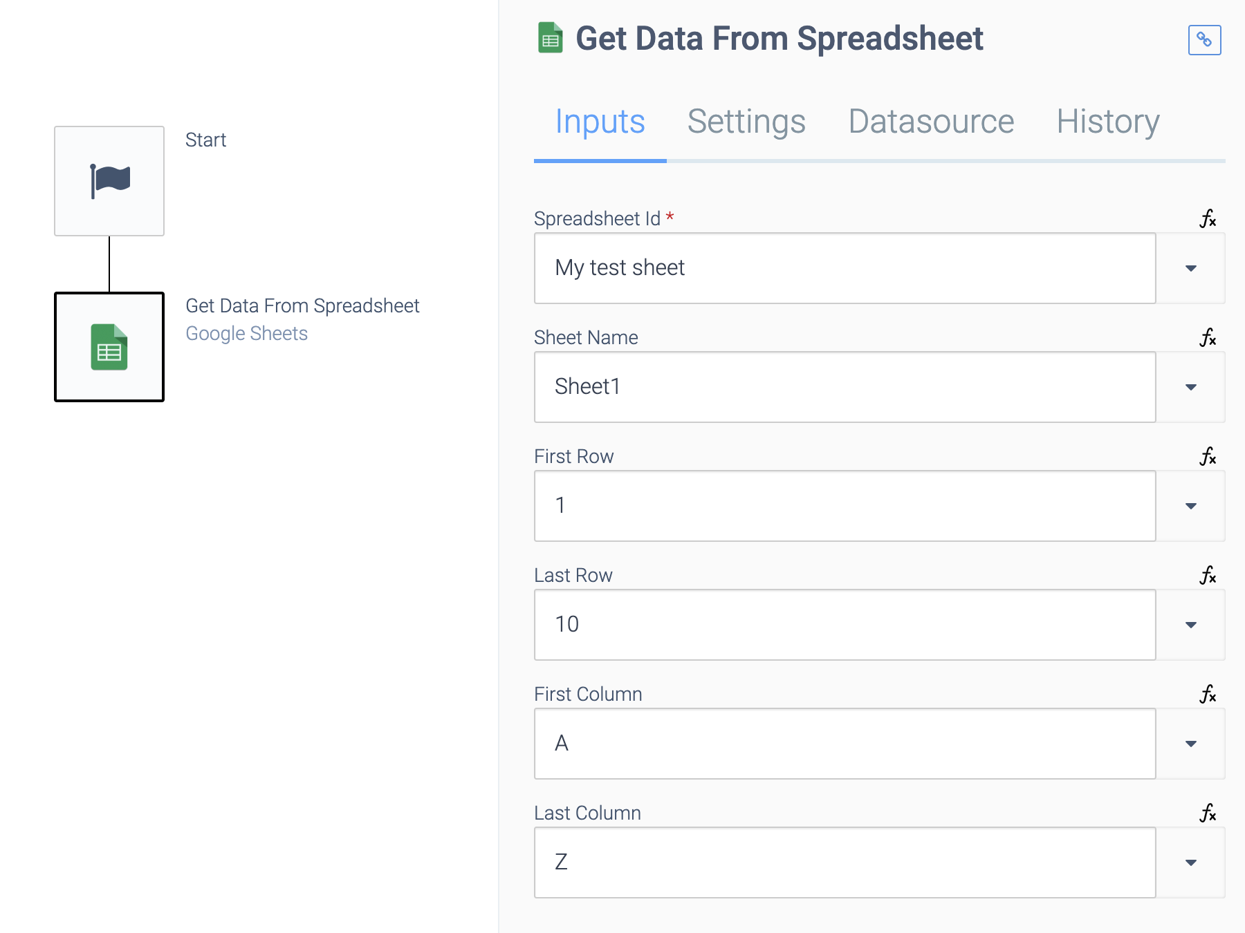 The Get Data From Spreadsheet block. Its Input tab contains fields for the Spreadsheet Id, Sheet Name, and the first and last rows and columns to be accessed.