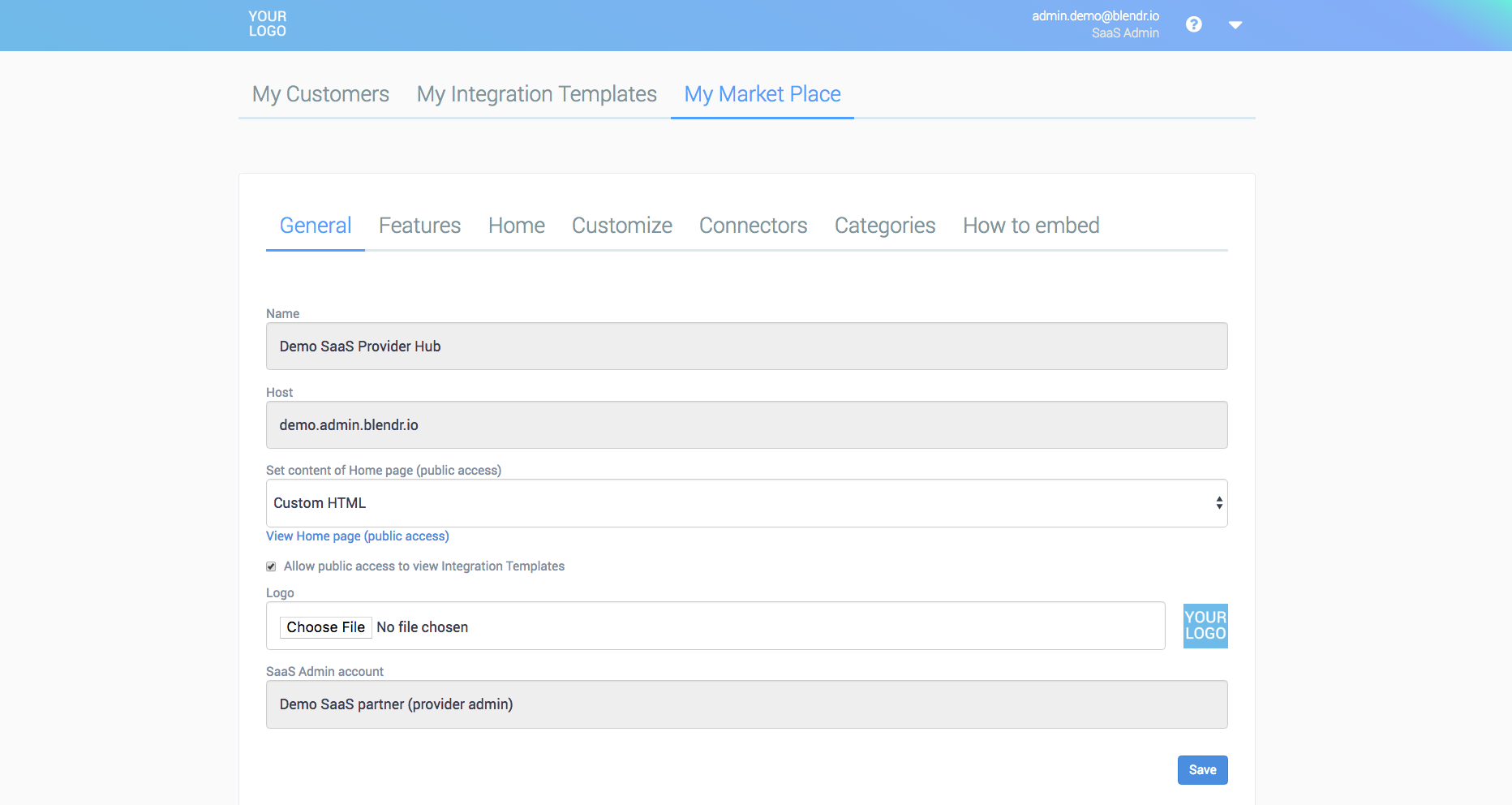 The General tab of the My Market Place tab of a demo integration hub.