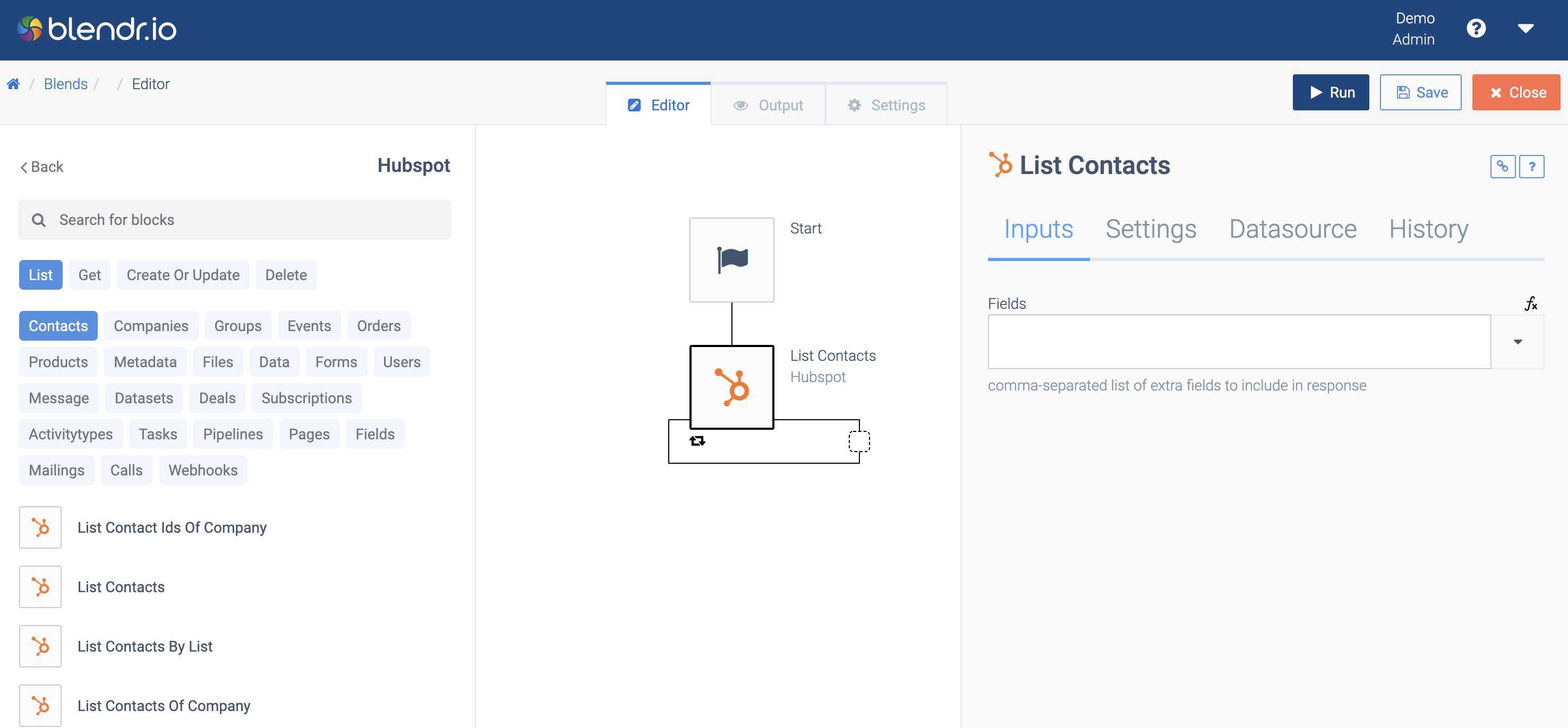 The automation editor. List Contacts: Hubspot has been added to the automation