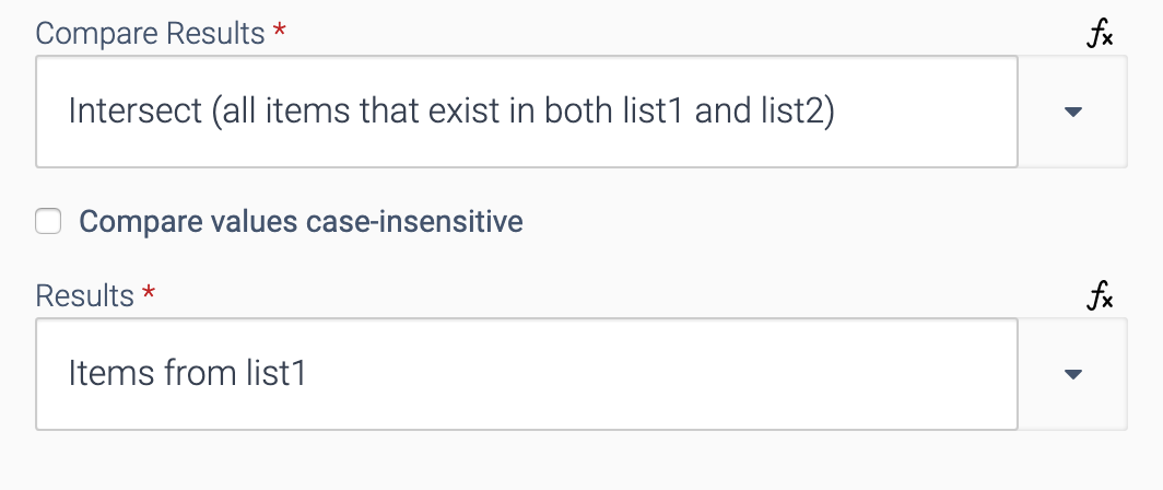The Compare Results and Results field. Compare Results is set to: Intersect. Results is set to: Items from list1.