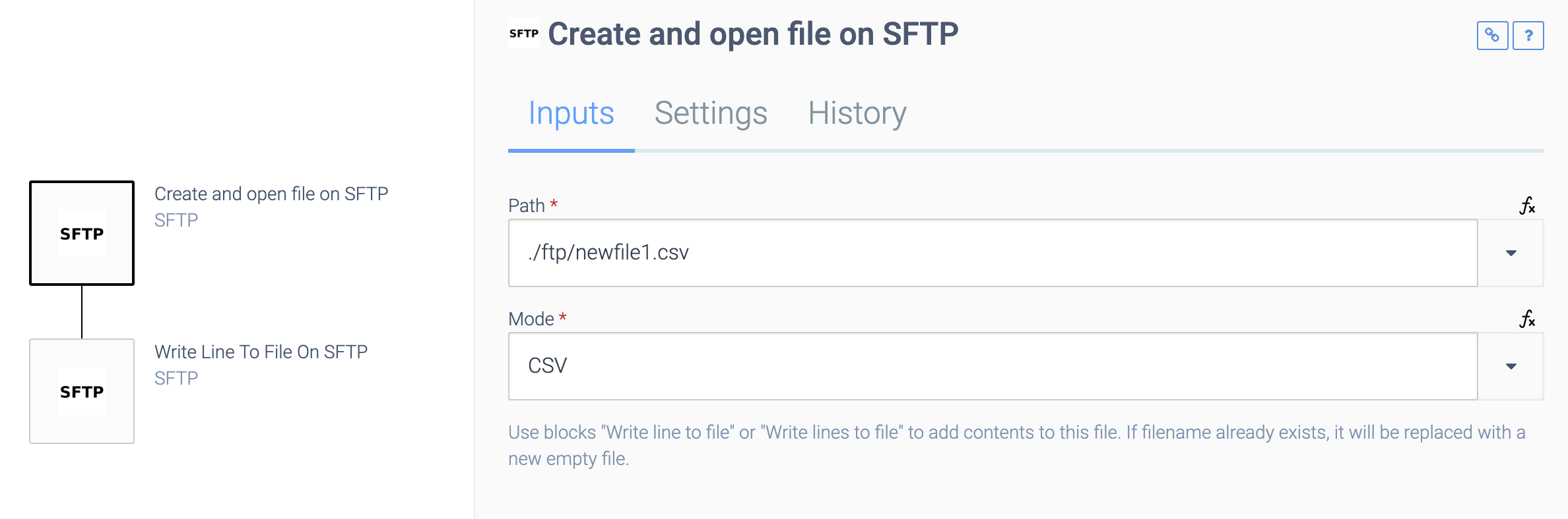 an automation consisting of a Create and open file on SFTP block and a Write Line To File On SFTP block. The Create and open file on SFTP block is selected. Its path is connected to a new csv file.