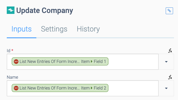 The Inputs tab of the Update Company block. The Id field is set to List New Entries Of Form Incrementally > Item > Field 1, and the Name field is set to List New Entries Of Form Incrementally > Item > Field 2.