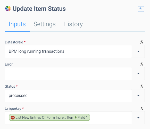 The Inputs tab of the Update Item Status block. Status is set to processed, and Uniquekey is set to List New Entries Of Form Incrementally > Item > Field 1.