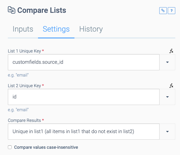 The Settings tab of the Compare Lists block. List 1 Unique Key is set to customfields.source_id, List 2 Unique Key is set to id, and Compare Results is set to Unique in list 1.