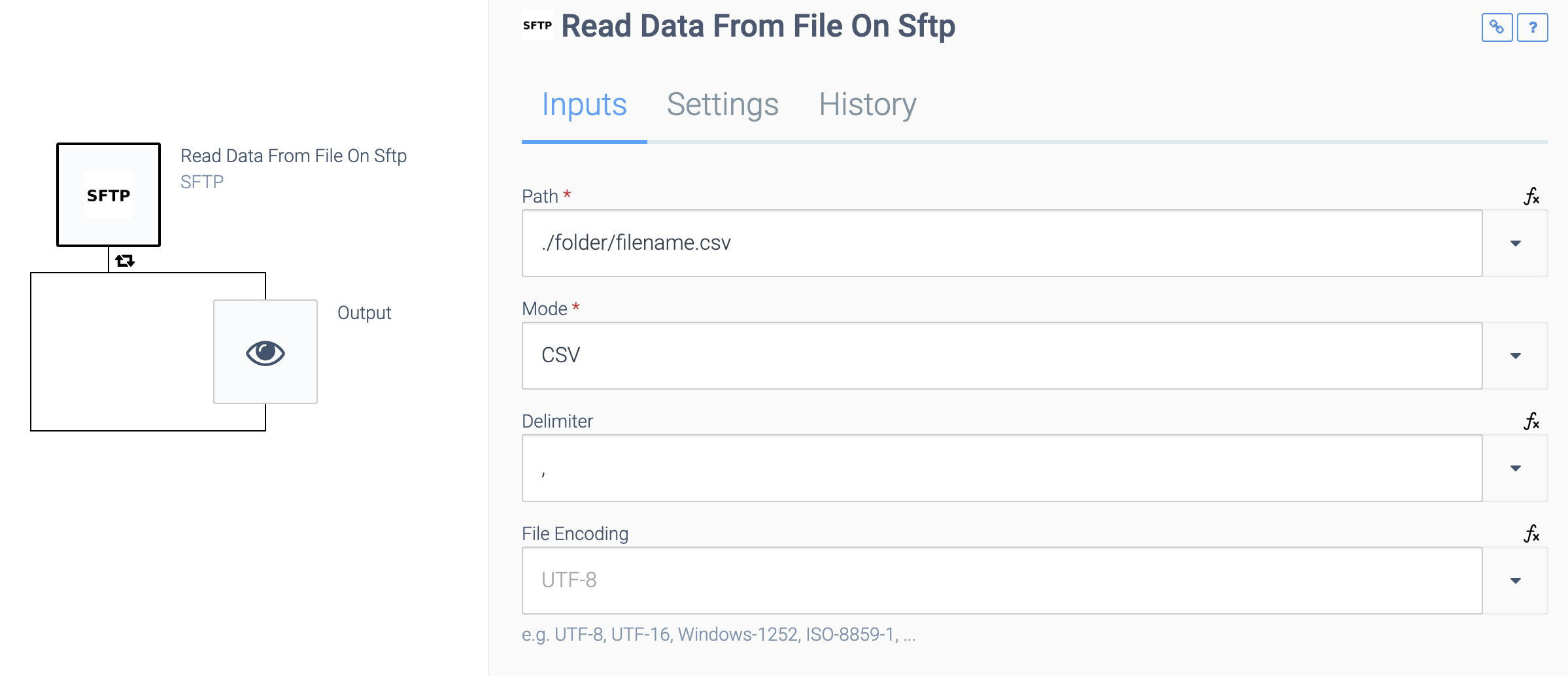 an automation consisting of a Read Data From File On Sftp block connected to an Output bloc. The Read Data From File On Sftp block is selected. Its path connects to a default folder and its mode is set to CSV.