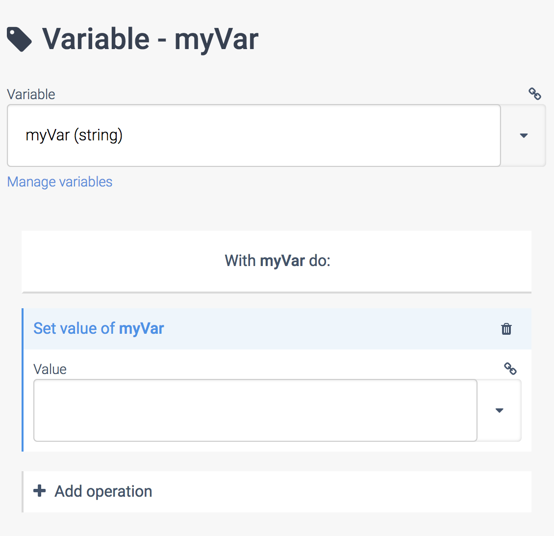 The Settings tab of the Variable block. There is a field to set the variable name and type, and a field to set the value.